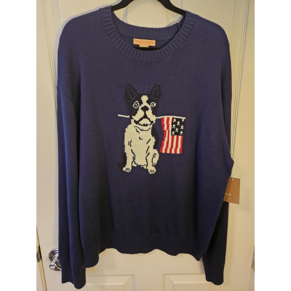 NWT Jollidays Blue Knit LS French Dog w/Flag Drop Shoulder Pullover Sweater, XL